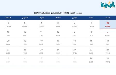تقويم شهر جمادى الآخرة 1444