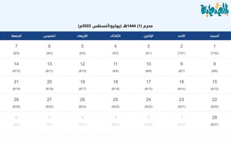 تقويم شهر محرم 1444