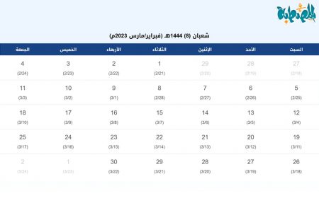 تقويم شهر شعبان 1444